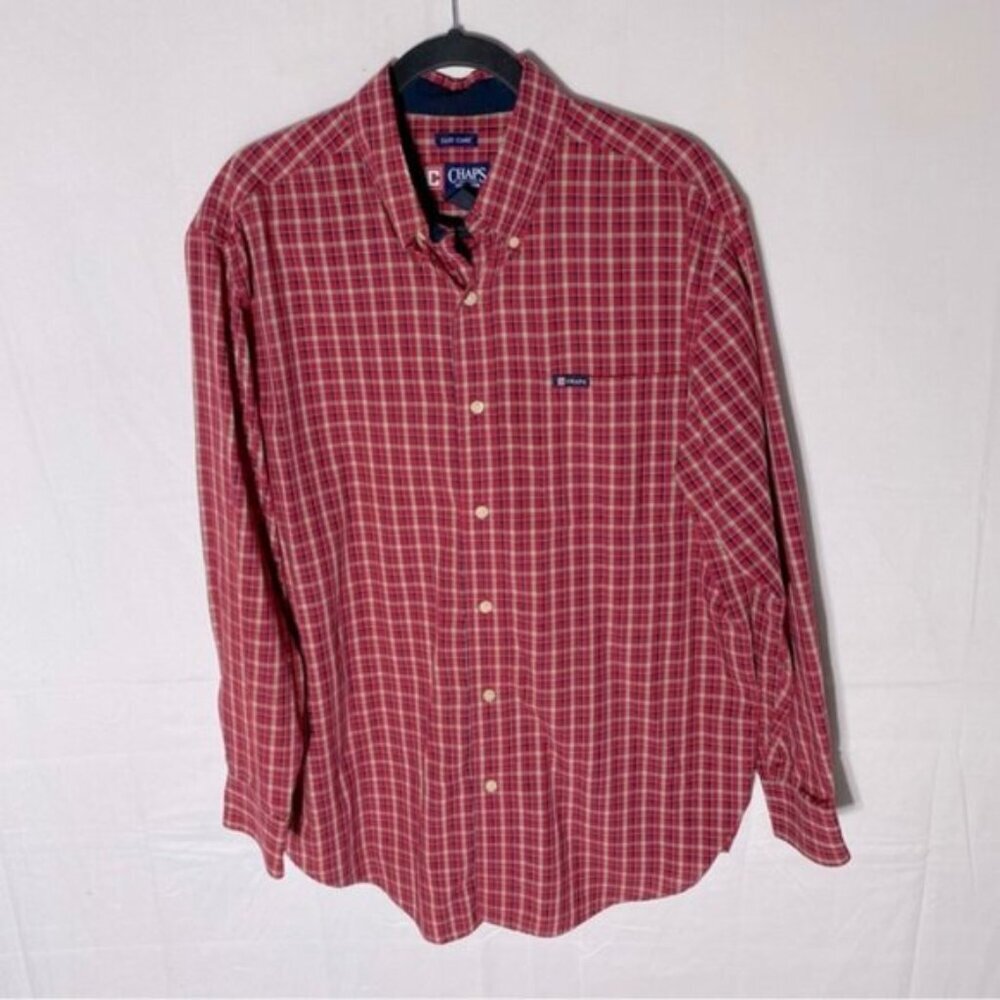Chaps Easy Care Red Tan Plaid Long Sleeve Casual Button Up Shirt M